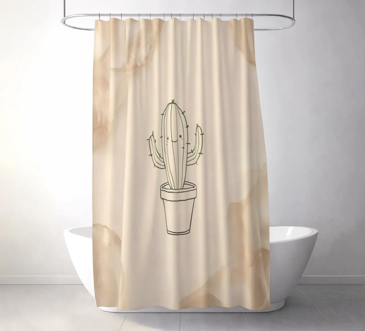 Happy cactus in a pot outline illustration with beige floral shower curtain by DesignDoodle