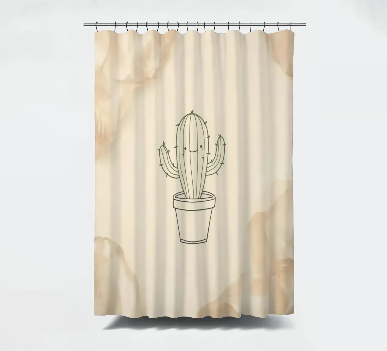 Happy cactus in a pot outline illustration with beige floral shower curtain by DesignDoodle