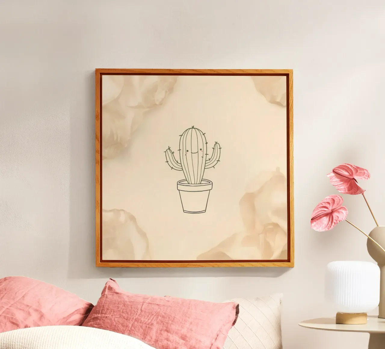Illustration du contour d'un cactus heureux dans un pot avec des fleurs beiges plexiglas de DesignDoodle