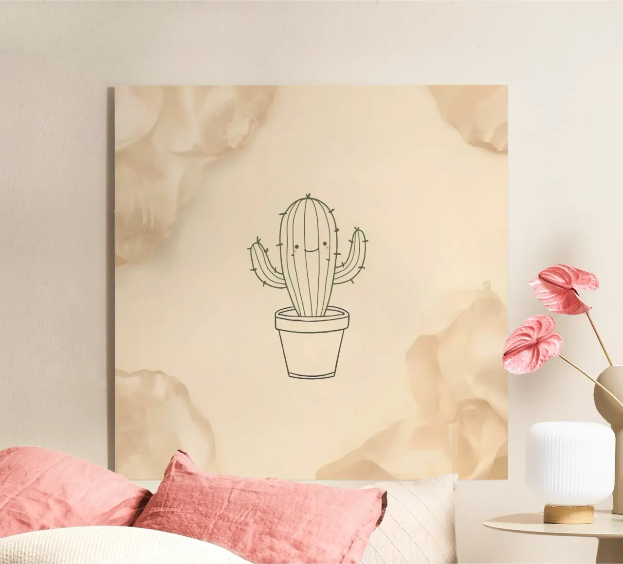 Illustration du contour d'un cactus heureux dans un pot avec des fleurs beiges plexiglas de DesignDoodle