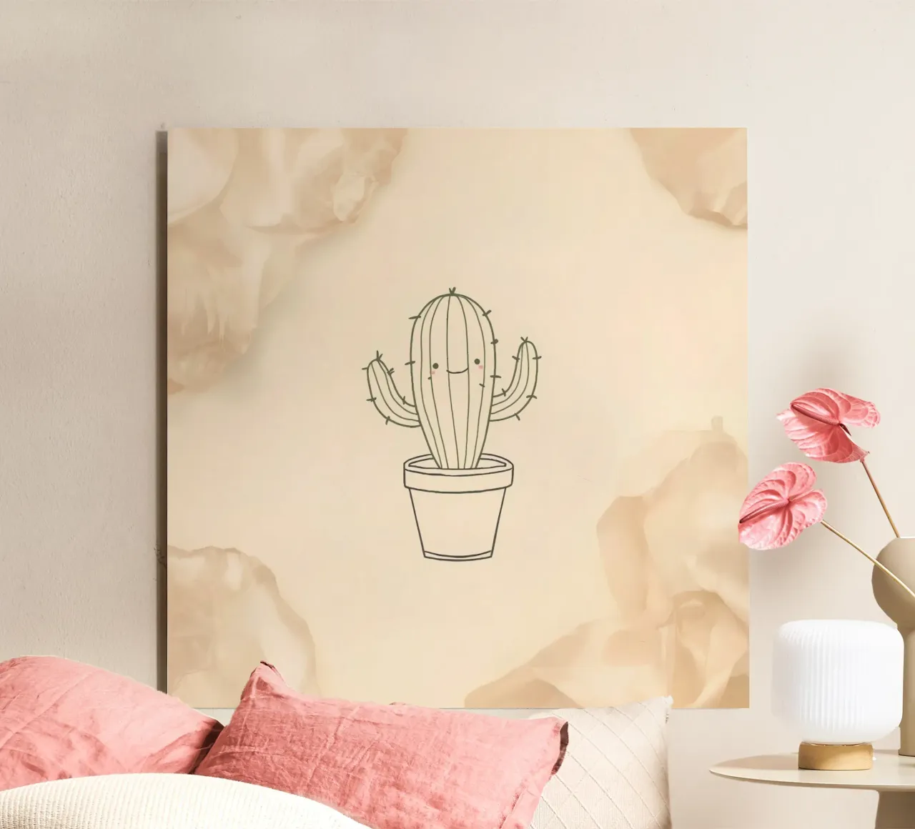 Illustration du contour d'un cactus heureux dans un pot avec des fleurs beiges alu dibond de DesignDoodle