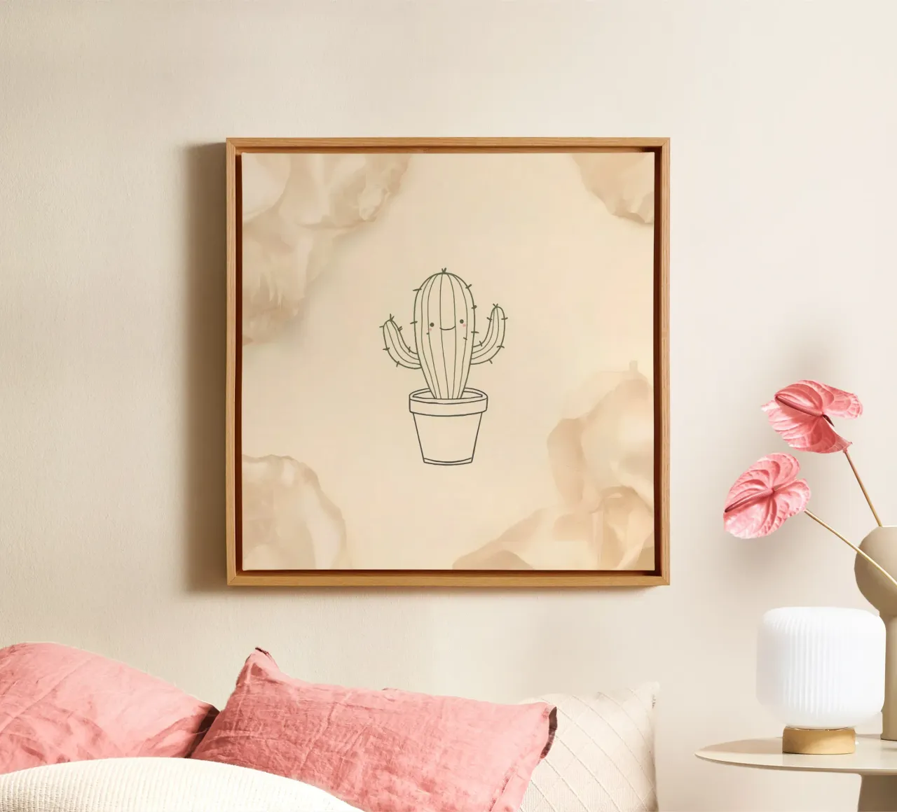 Illustration du contour d'un cactus heureux dans un pot avec des fleurs beiges toile avec Caisse américaine de DesignDoodle