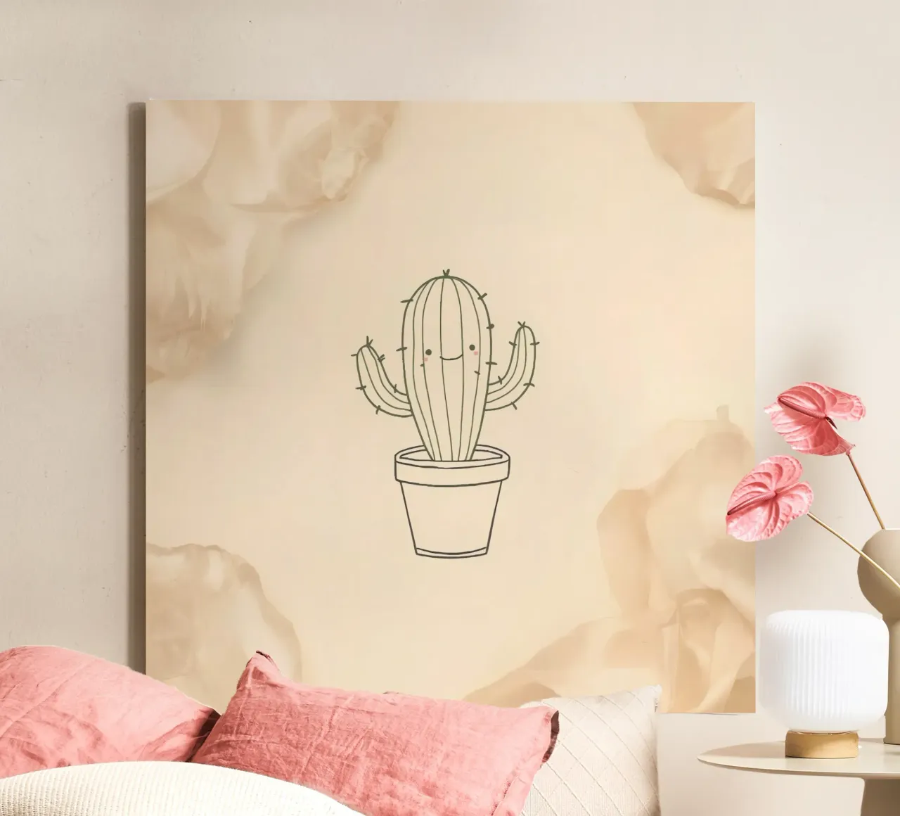 Illustration du contour d'un cactus heureux dans un pot avec des fleurs beiges toile avec Caisse américaine de DesignDoodle