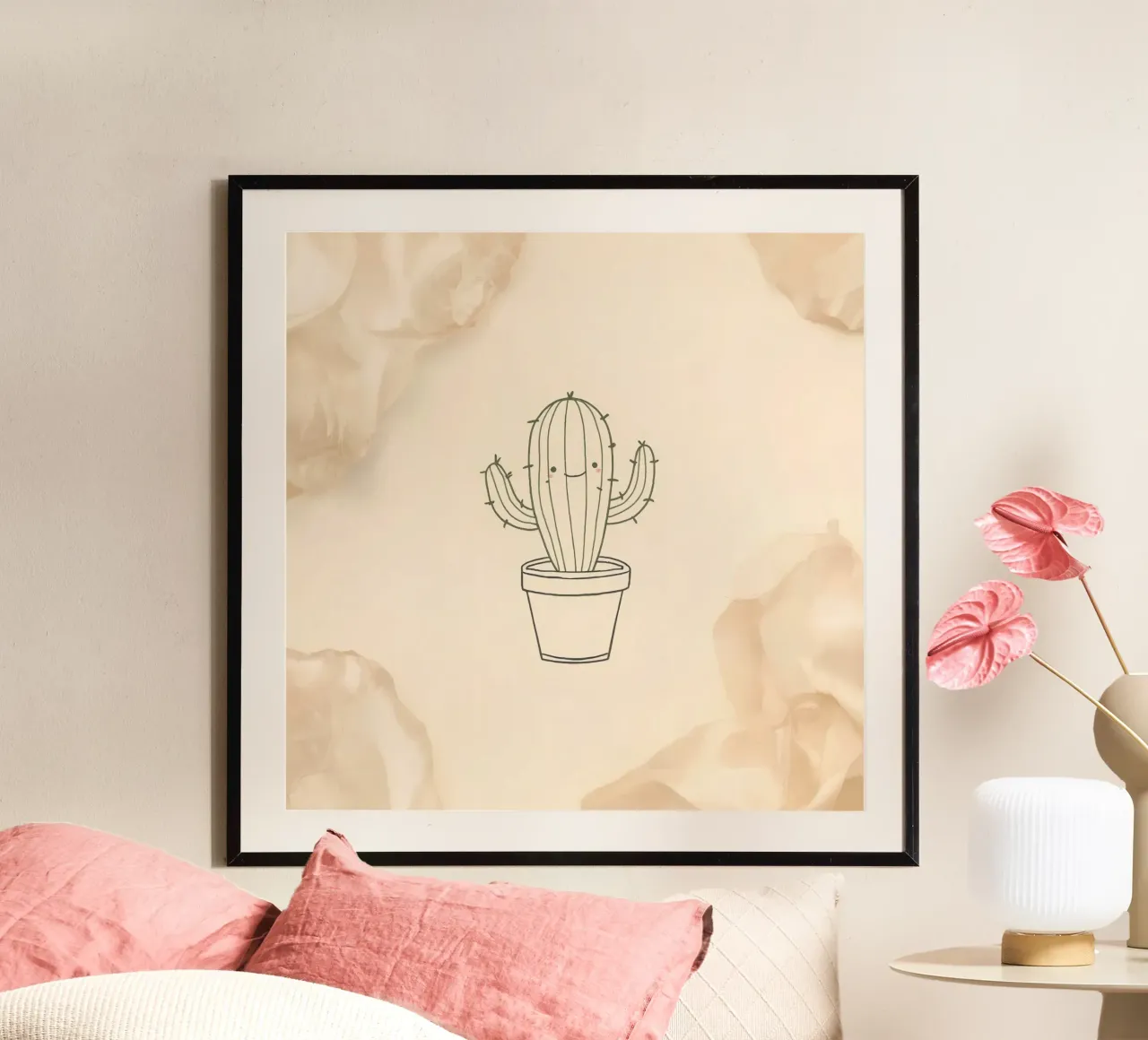 Illustration du contour d'un cactus heureux dans un pot avec des fleurs beiges poster avec cadre en plastique de DesignDoodle