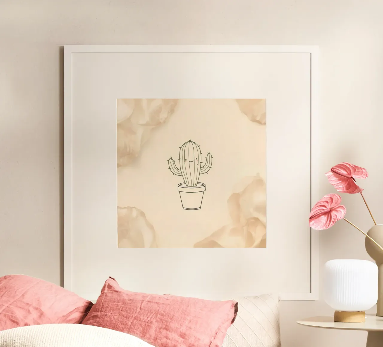 Illustration du contour d'un cactus heureux dans un pot avec des fleurs beiges poster avec cadre en plastique de DesignDoodle