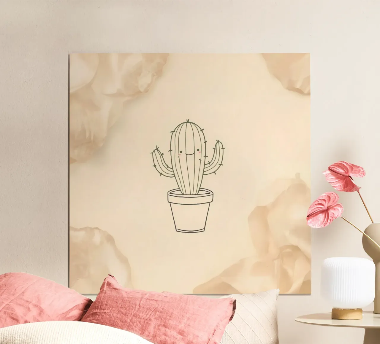 Illustration du contour d'un cactus heureux dans un pot avec des fleurs beiges poster avec cadre en plastique de DesignDoodle