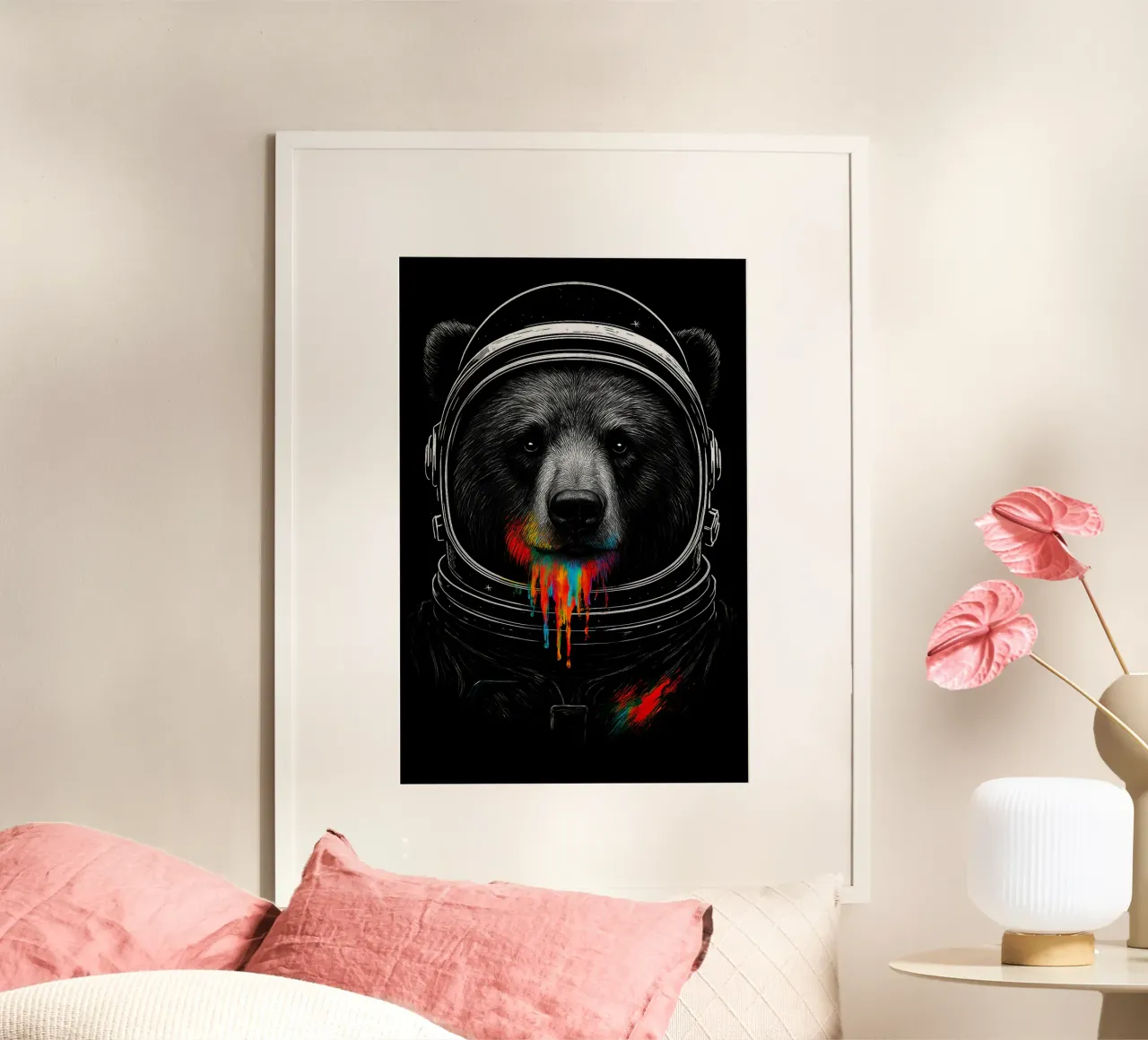 Astronaut Bear with Neon Paint Drips – Cosmic Animal Art poster con telaio in legno da BadrBrand