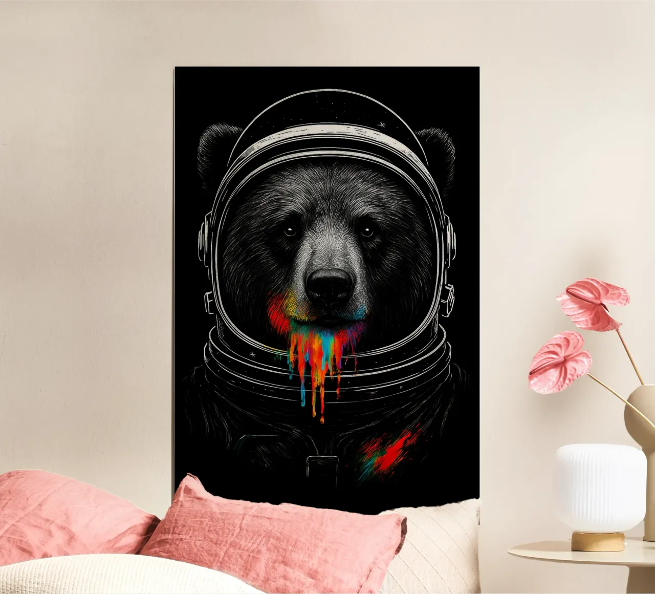 Astronaut Bear with Neon Paint Drips – Cosmic Animal Art poster con telaio in legno da BadrBrand