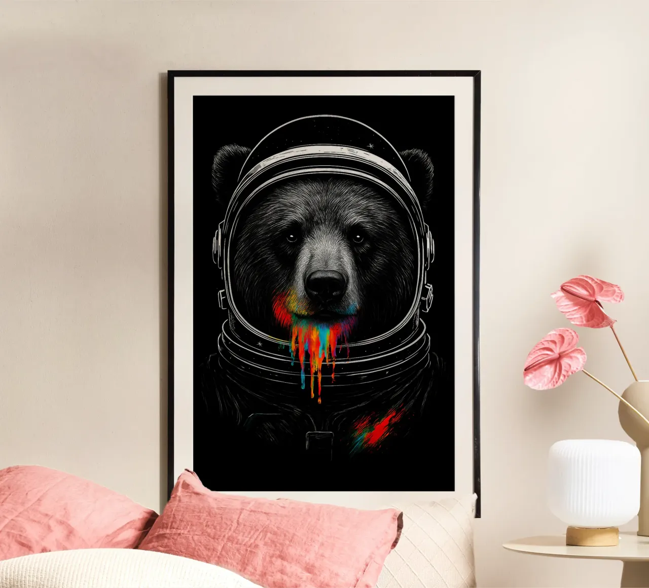Astronaut Bear with Neon Paint Drips – Cosmic Animal Art poster con telaio in legno da BadrBrand