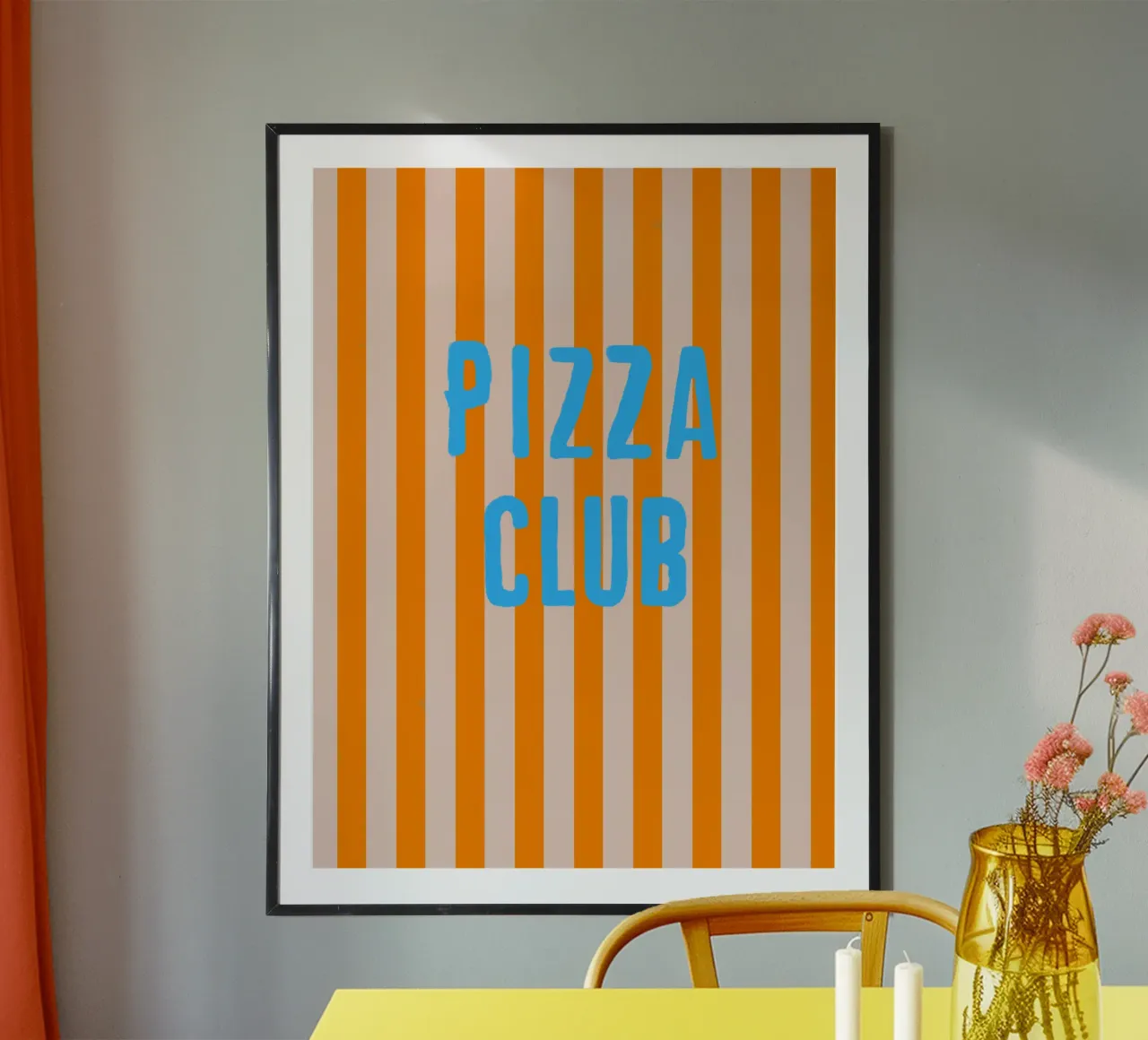 PIZZA CLUB Blue on orange stripes poster with aluminum frame by Alisa Knöß