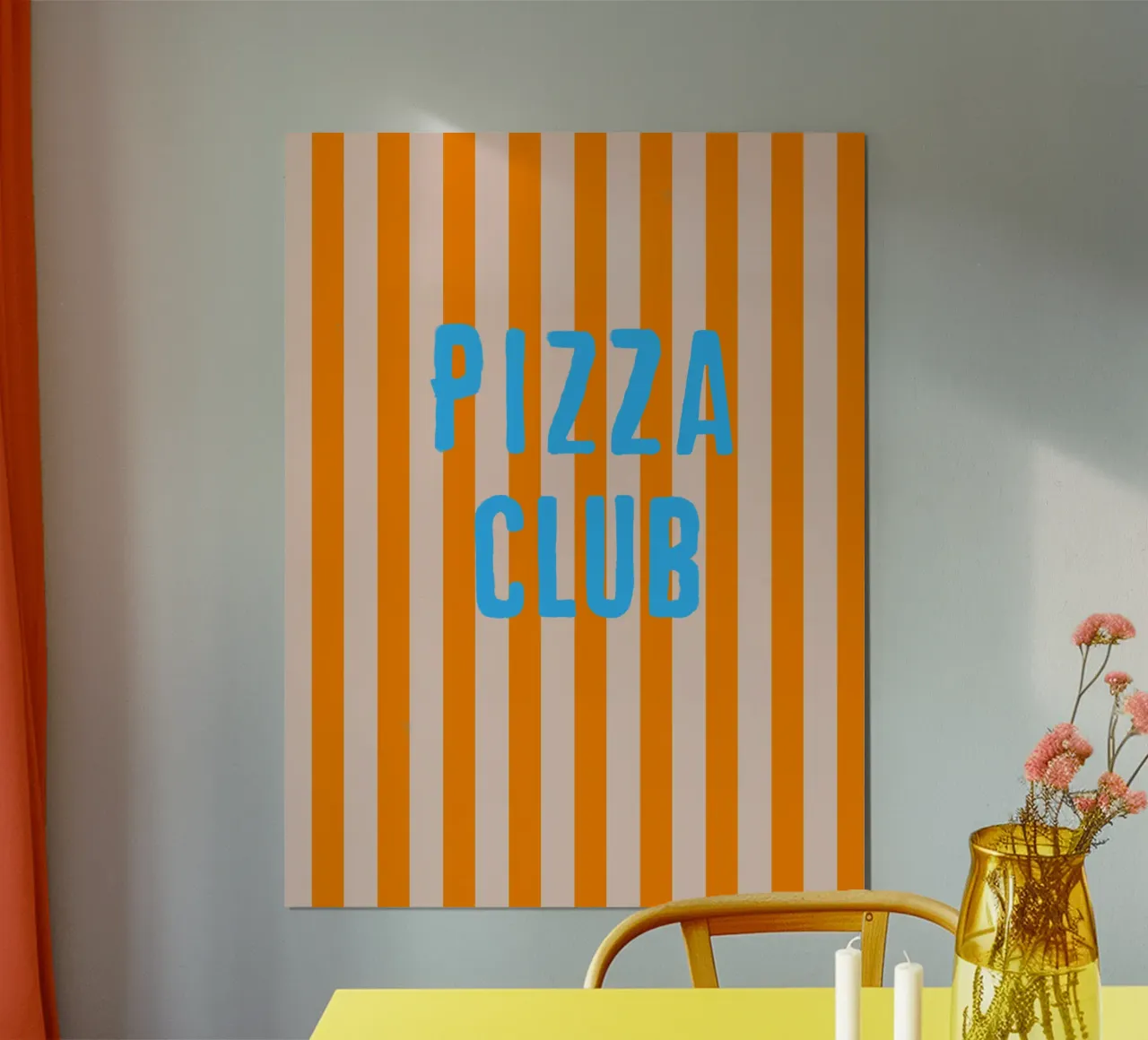 PIZZA CLUB Blue on orange stripes poster with aluminum frame by Alisa Knöß