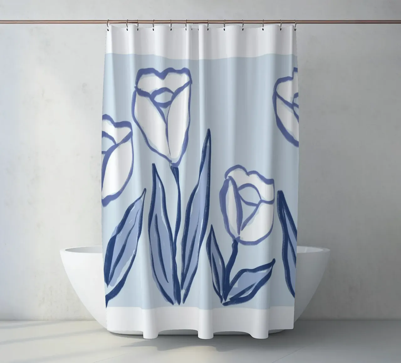 Tulipano botanico blu e bianco tenda da doccia da Melloi Art Print