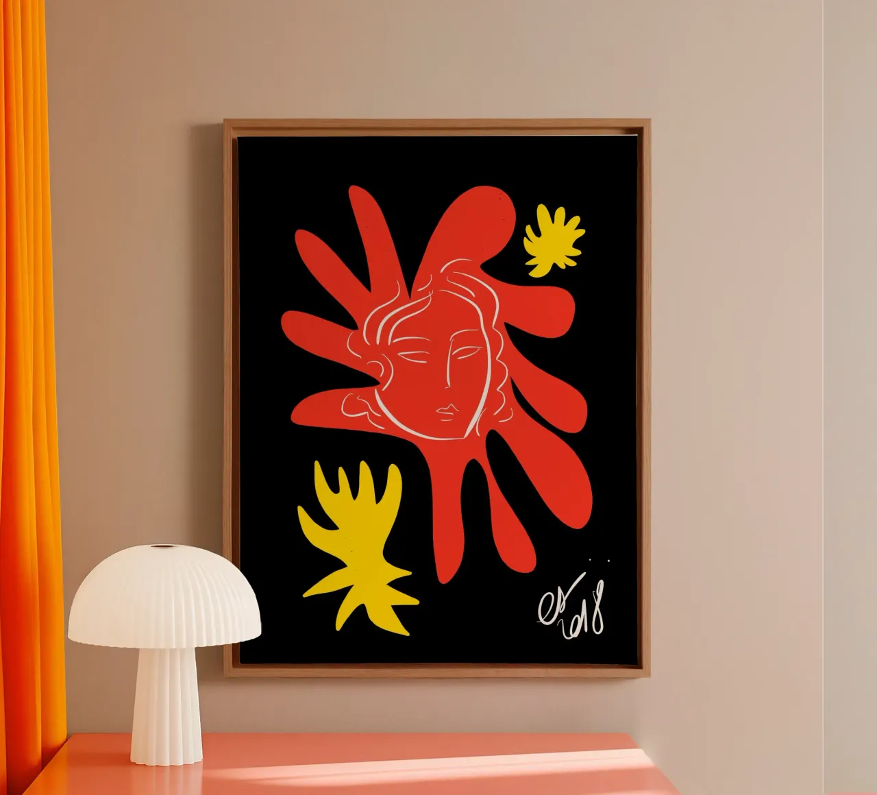 Radiant face with abstract shapes and cut-out flowers canvas with Floater frame by Abstract and Patterns