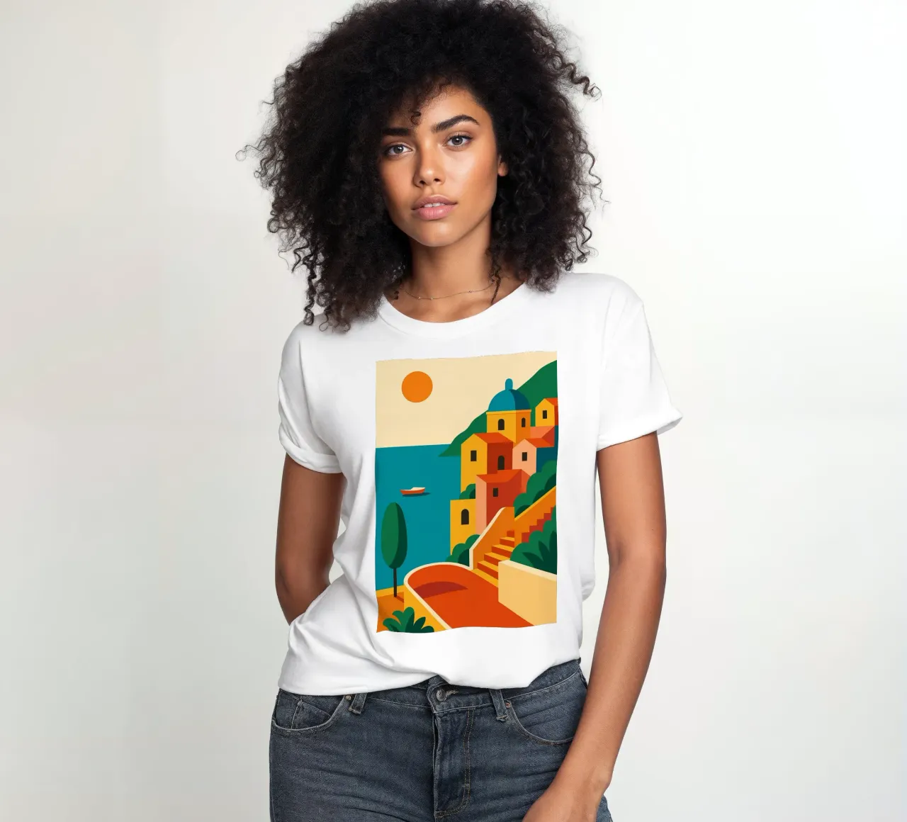 Amalfi Coast - Graphic sun on Positano women's fitted t-shirt by JETLAG | affiches voyage