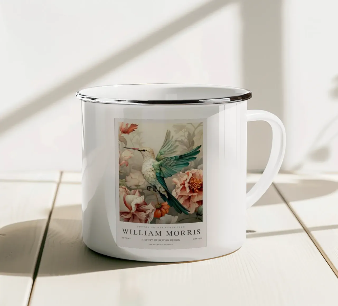 un colibrì che vola su un albero in fiore tazza in smalto da Ropech Shop