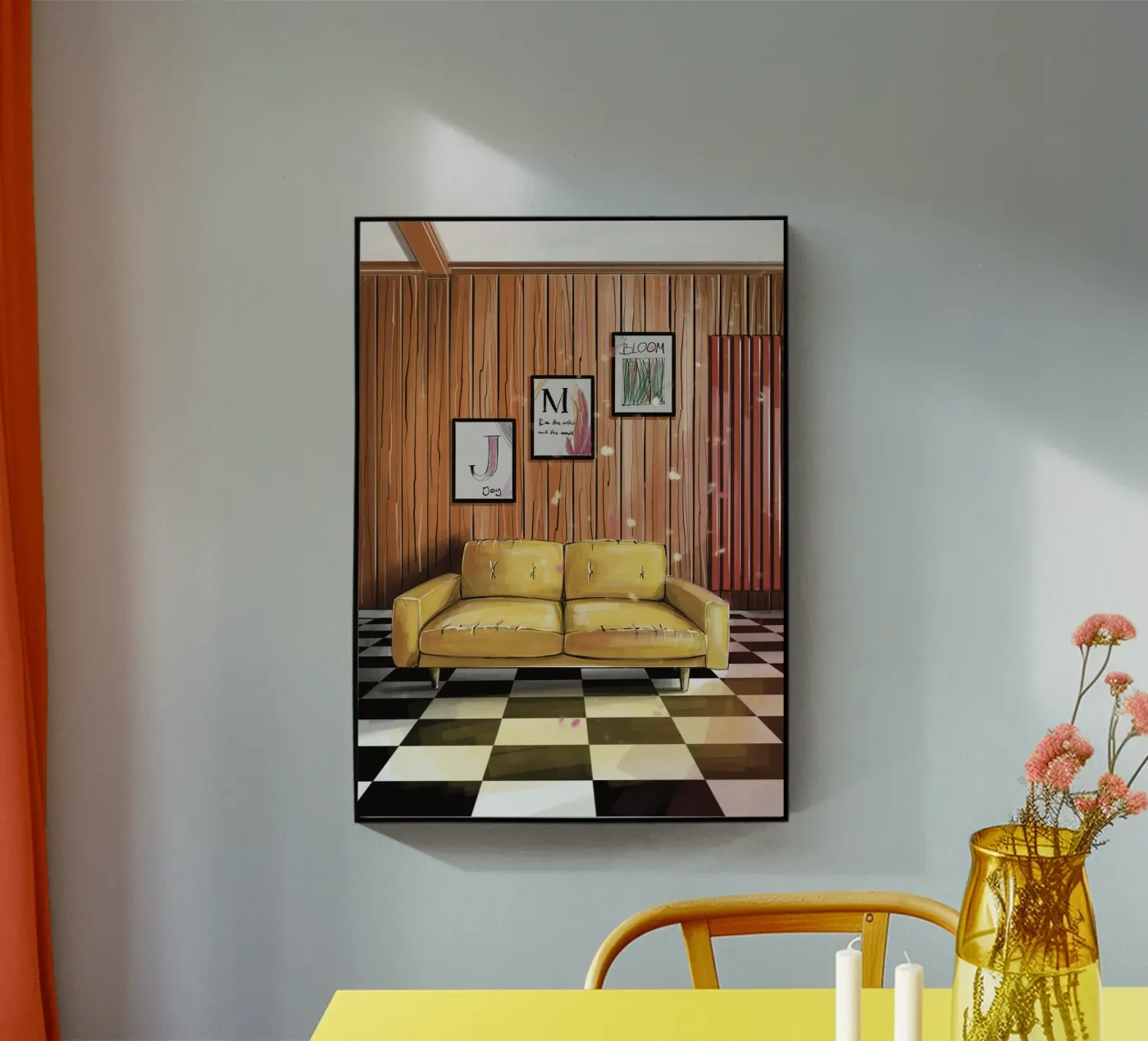 yellow couch plexiglass da by elle arts