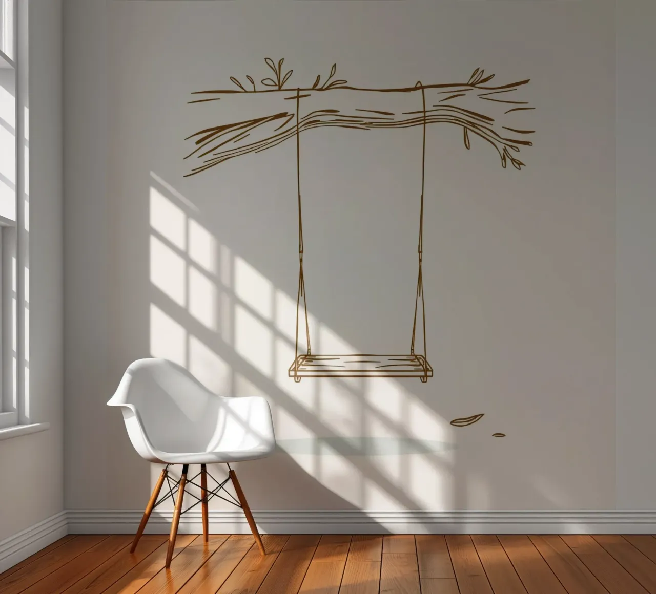 Line art of a swing hanging from a tree branch with leaves photo wallpaper by DesignDoodle