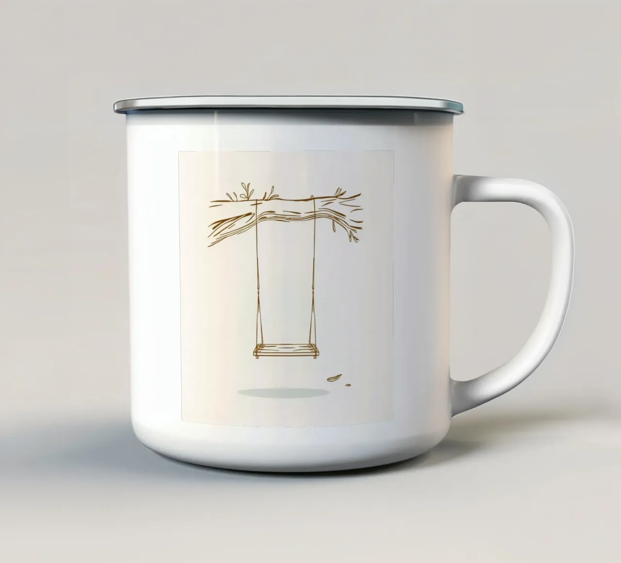 Line art di un'altalena appesa a un ramo d'albero con foglie tazza in smalto da DesignDoodle