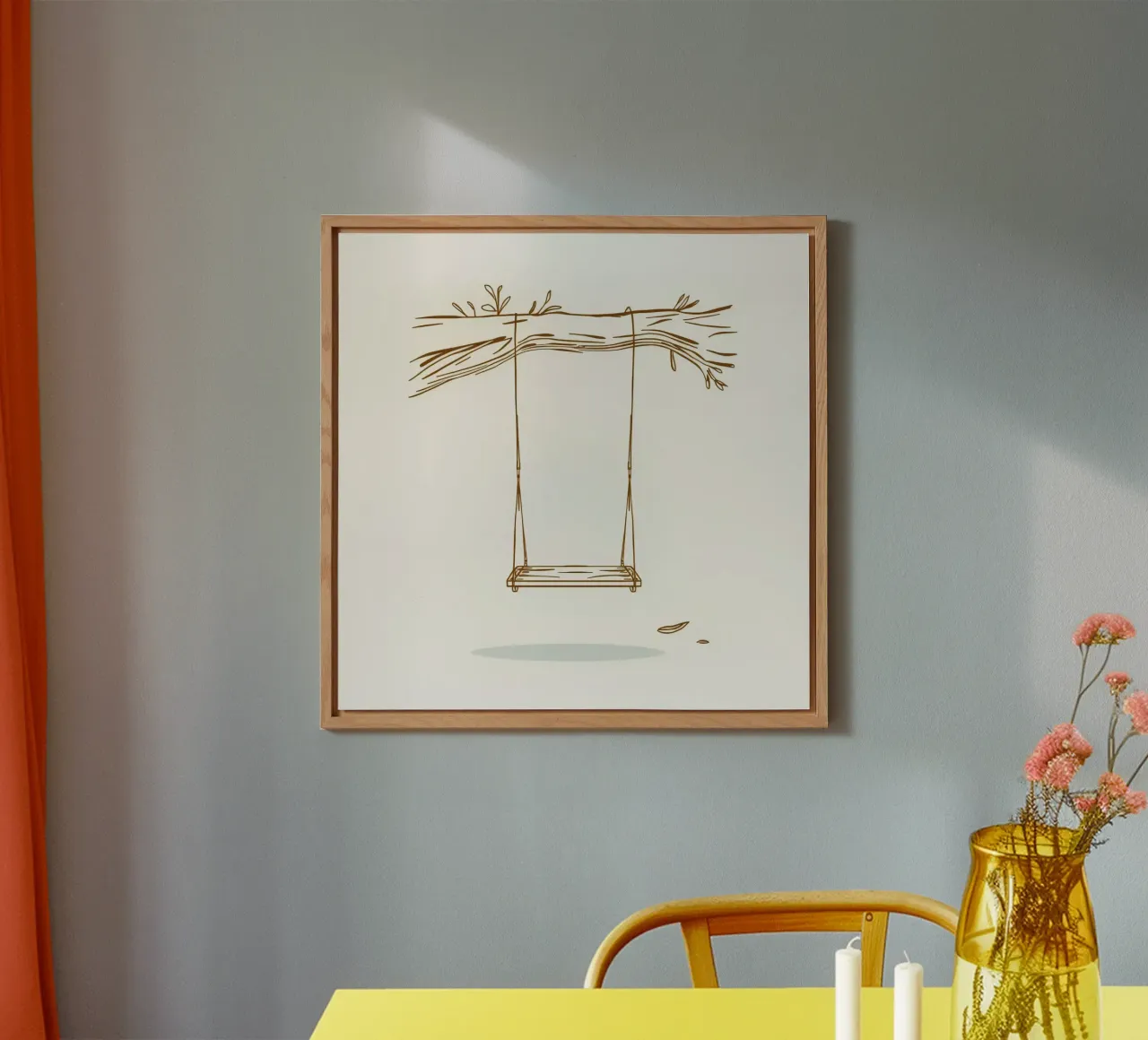 Line art di un'altalena appesa a un ramo d'albero con foglie alluminio dibond da DesignDoodle