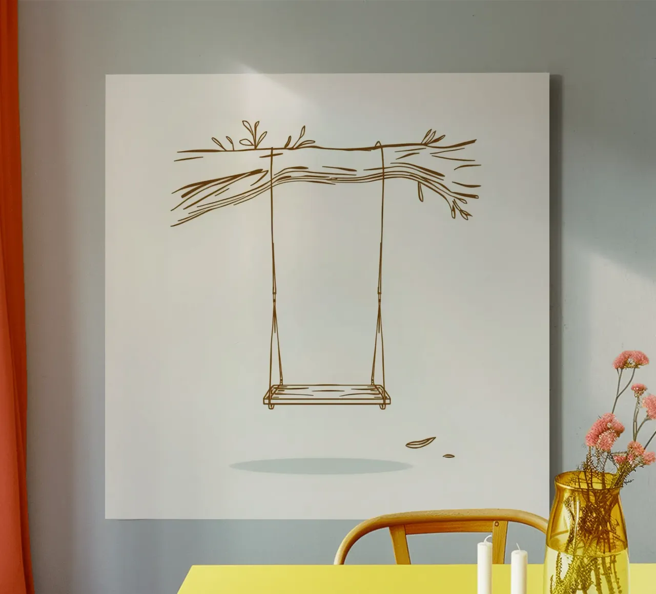 Line art of a swing hanging from a tree branch with leaves canvas by DesignDoodle