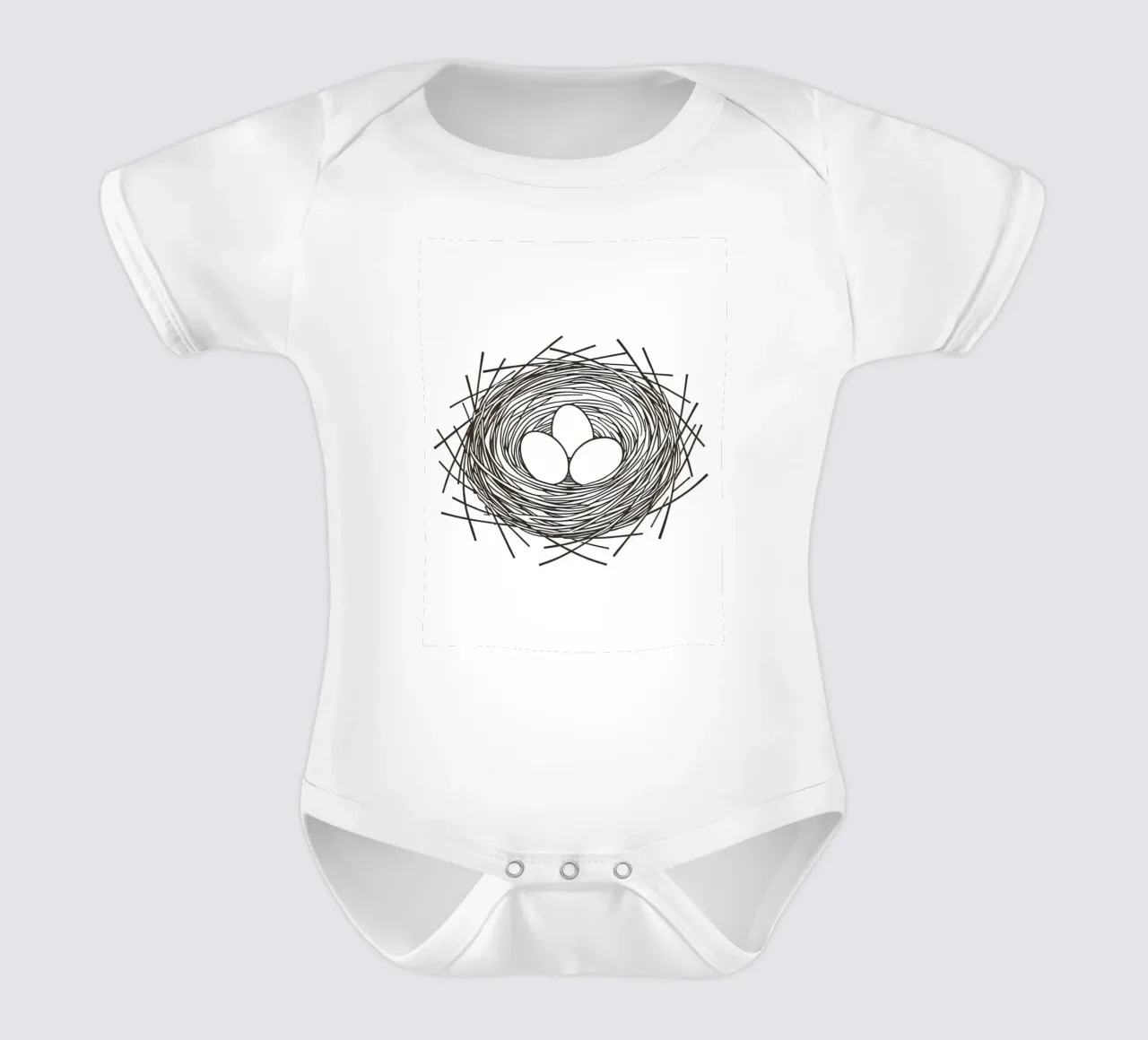 Nest containing three eggs depicted with line art short-sleeve baby romper by DesignDoodle