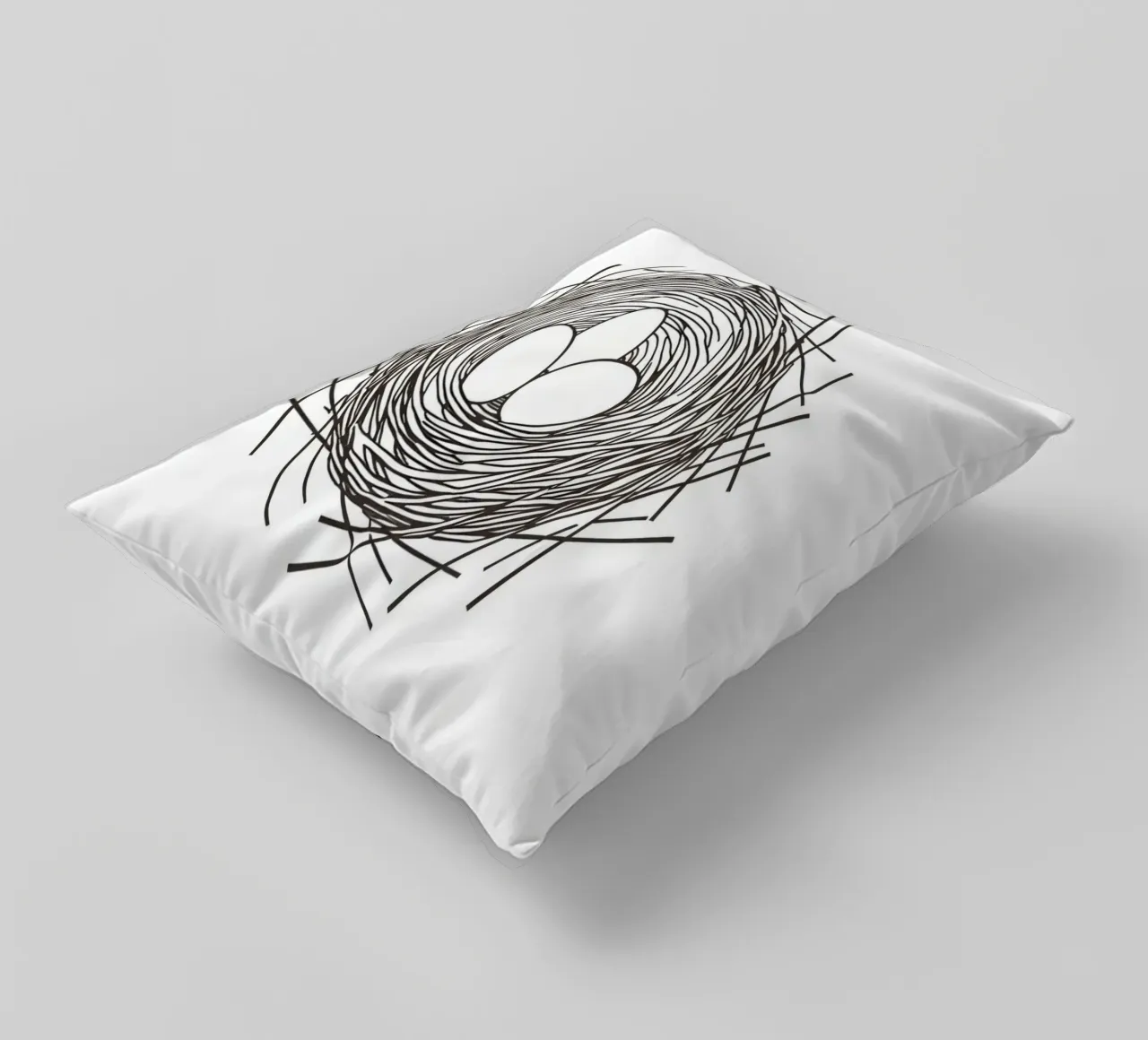 Nest containing three eggs depicted with line art decorative cushion by DesignDoodle