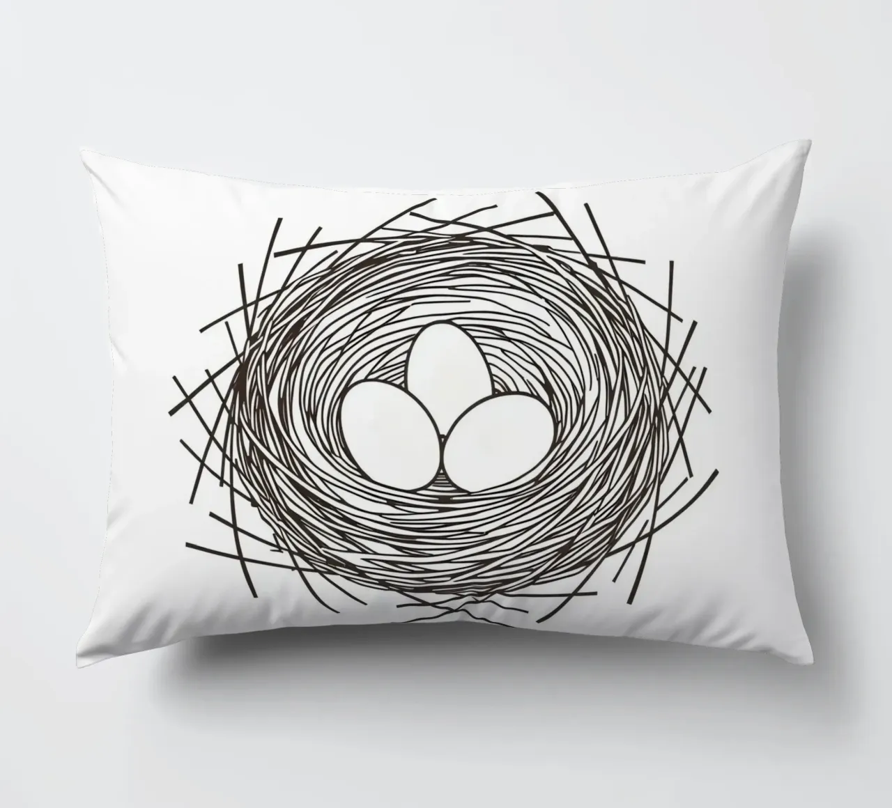 Nest containing three eggs depicted with line art decorative cushion by DesignDoodle