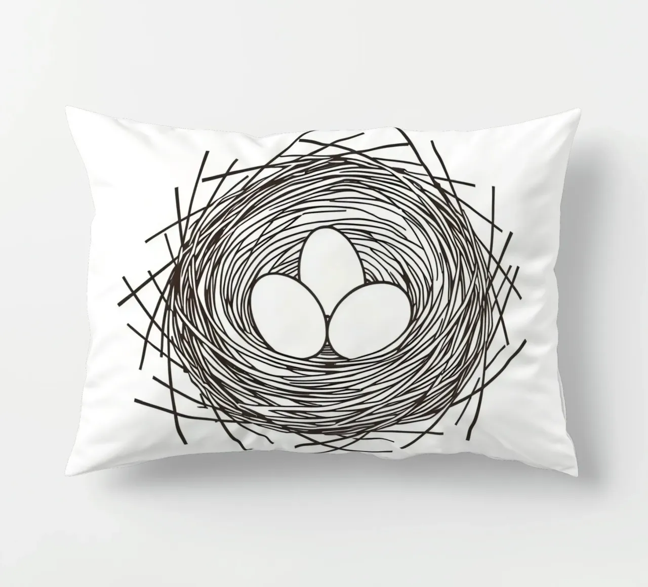 Nest containing three eggs depicted with line art decorative cushion by DesignDoodle