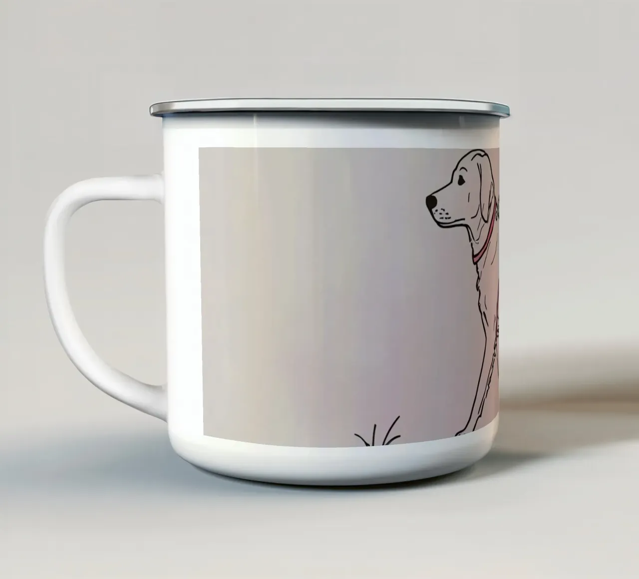 Il Golden Retriever cammina al guinzaglio con il collare tazza in smalto da DesignDoodle