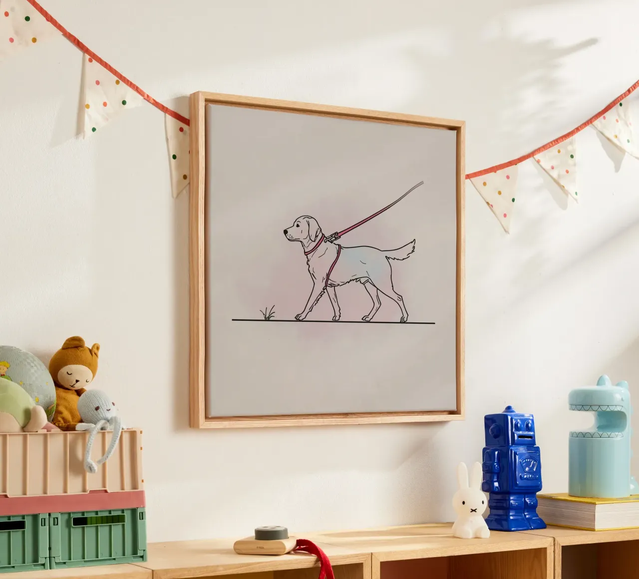 Golden Retriever walks on a leash with collar canvas by DesignDoodle