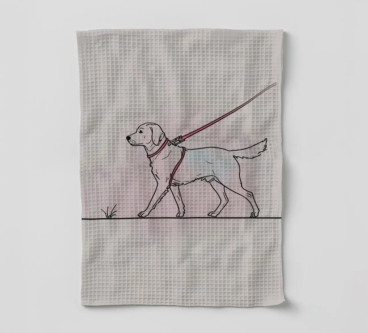 Golden Retriever walks on a leash with collar tea towel by DesignDoodle