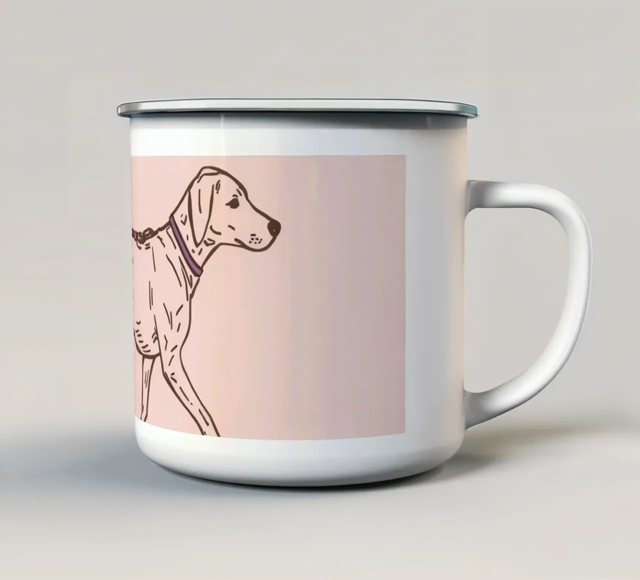 Schizzo di cane che cammina al guinzaglio su sfondo rosa pallido tazza in smalto da DesignDoodle