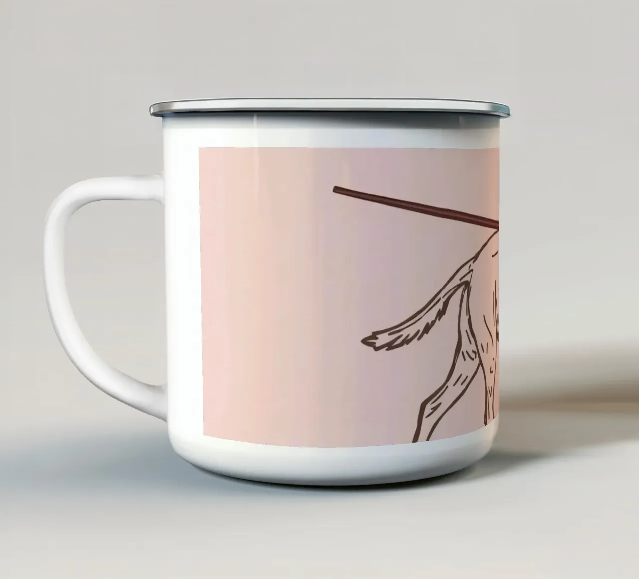 Schizzo di cane che cammina al guinzaglio su sfondo rosa pallido tazza in smalto da DesignDoodle