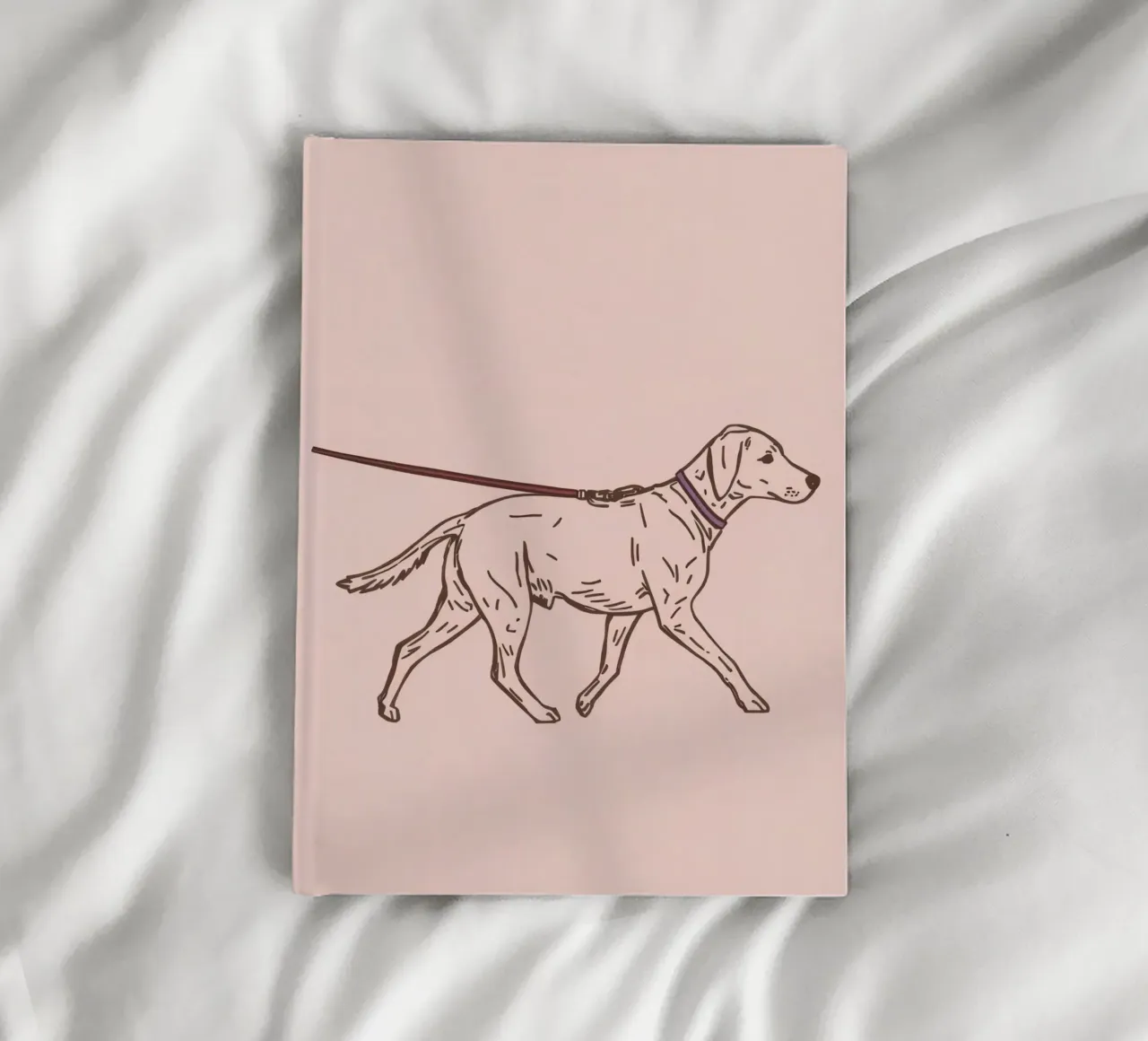 Dog walks on leash sketch on a pale pink background notebook by DesignDoodle