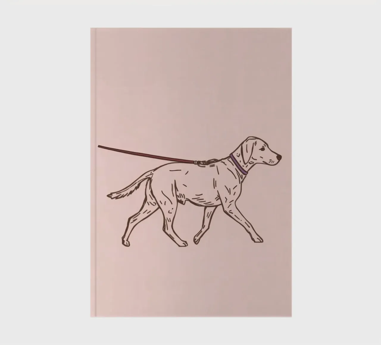 Dog walks on leash sketch on a pale pink background notebook by DesignDoodle