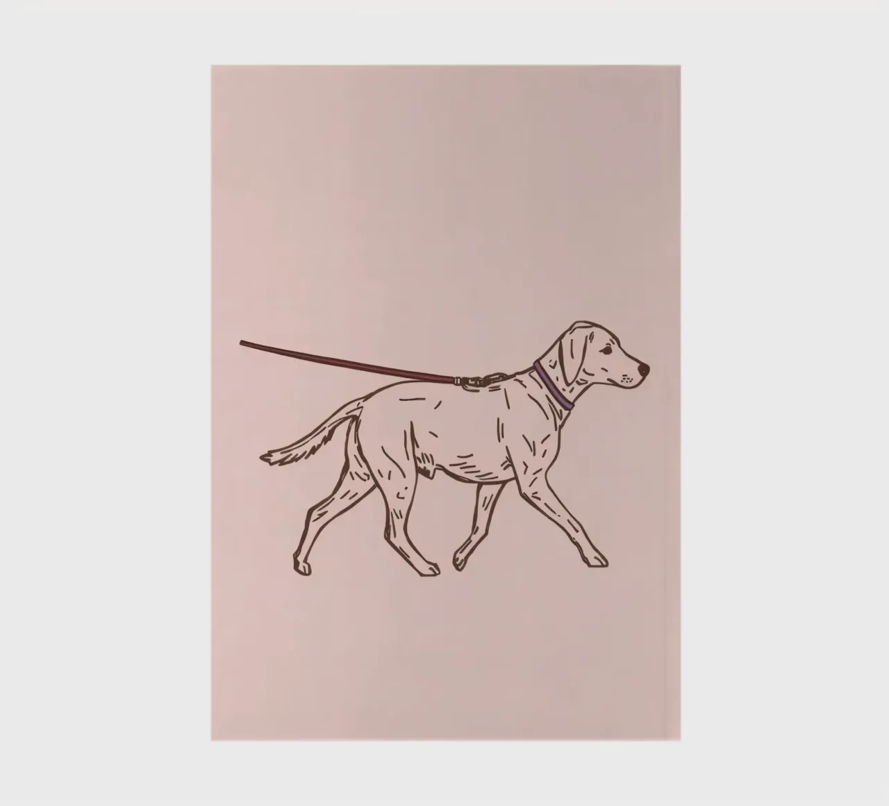 Dog walks on leash sketch on a pale pink background notebook by DesignDoodle