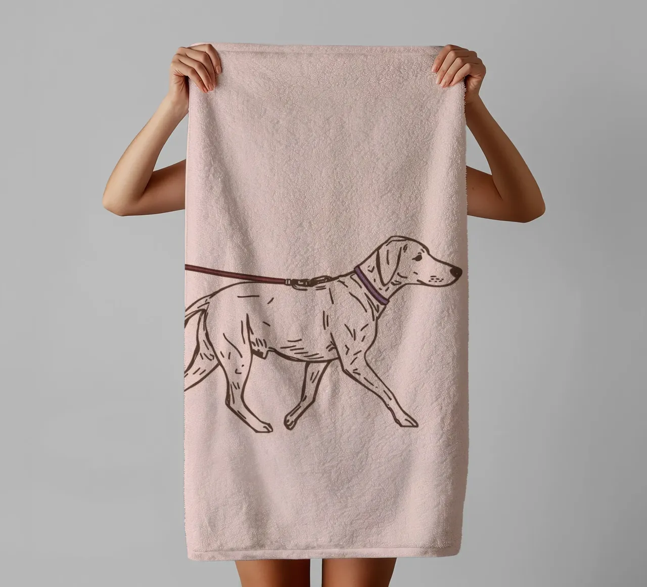 Dog walks on leash sketch on a pale pink background towel by DesignDoodle