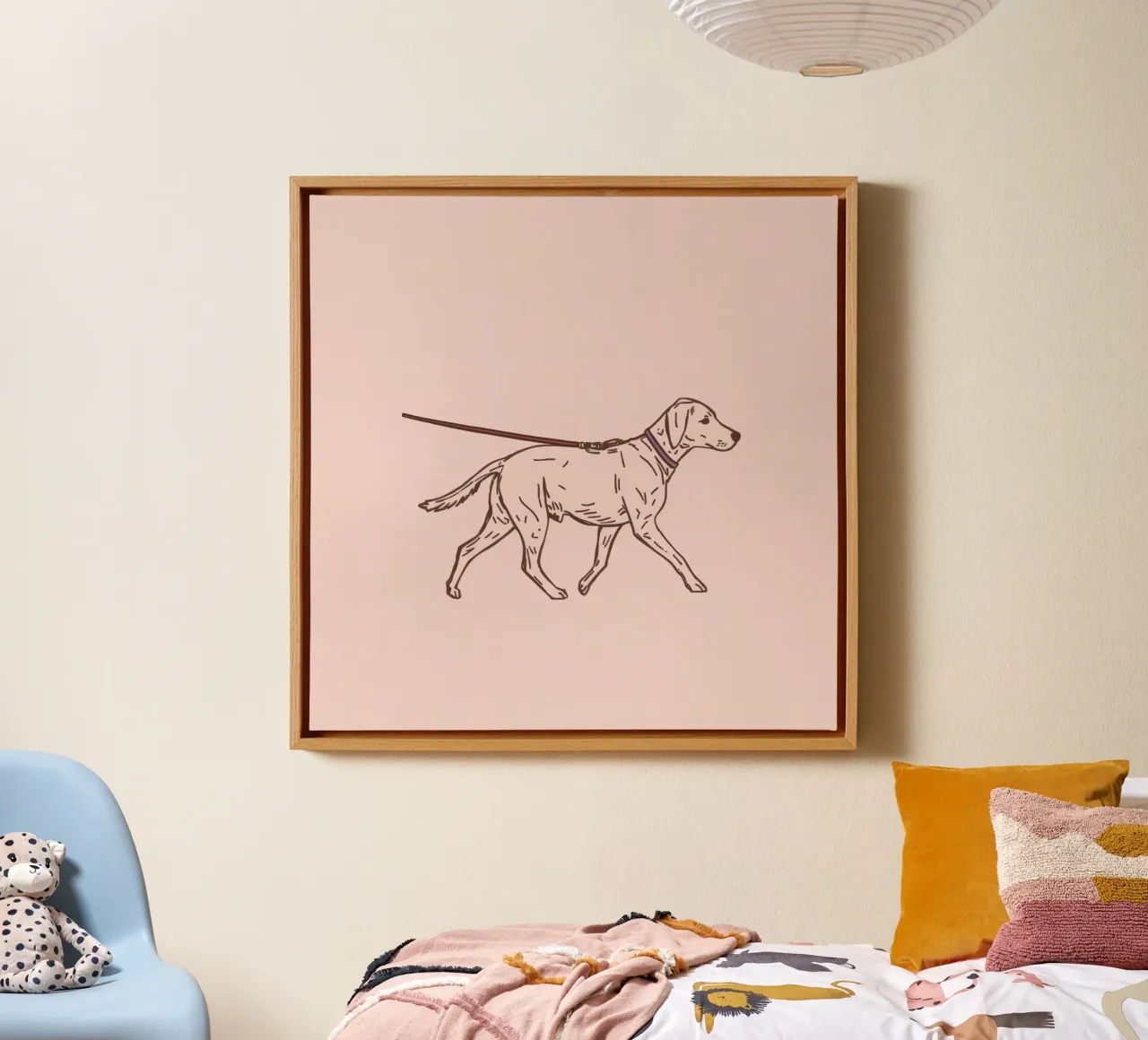 Dog walks on leash sketch on a pale pink background canvas with Floater frame by DesignDoodle