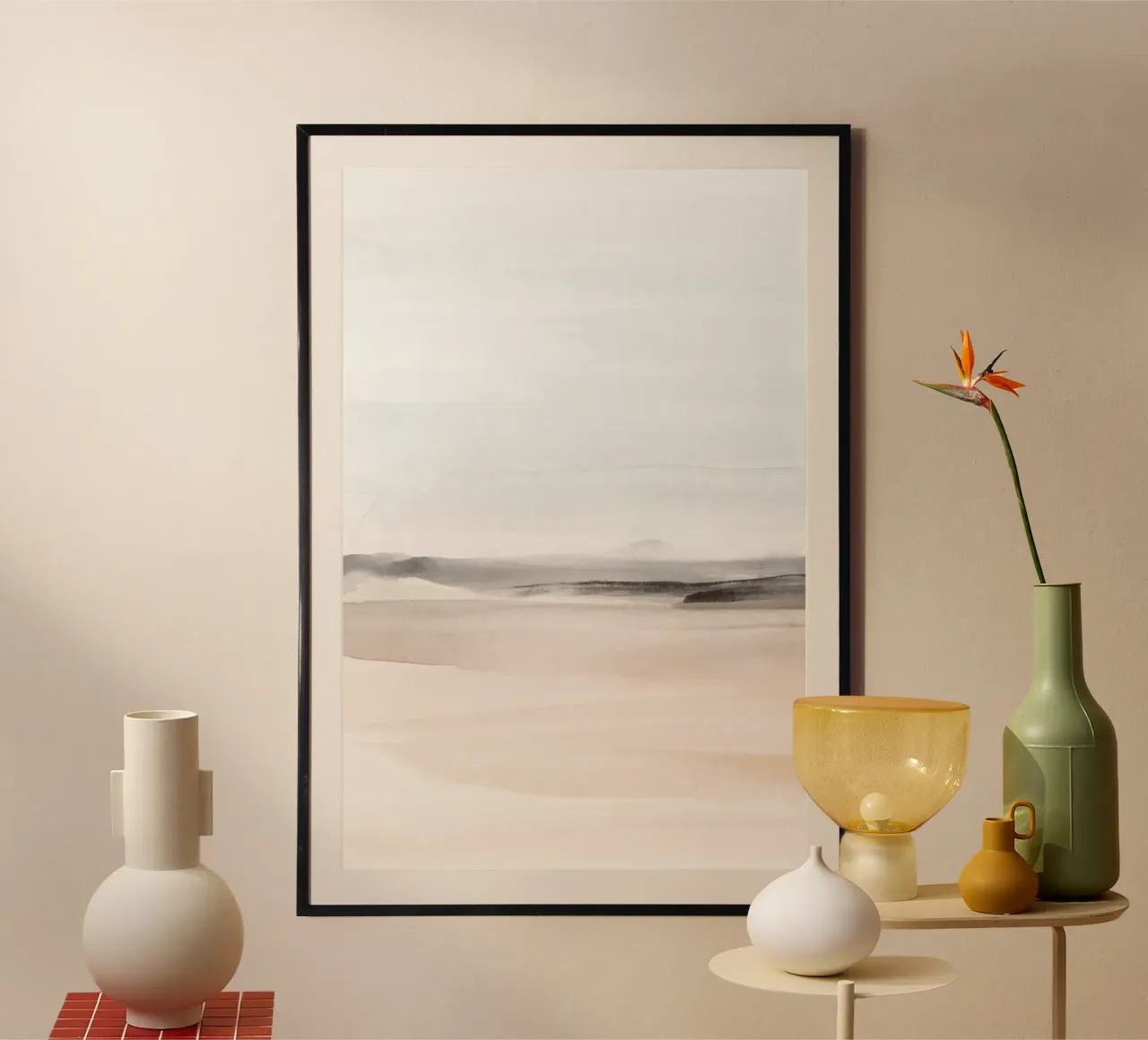 Abstract landscape neutral earth tones 1/2 poster with plastic frame by NouveauPrints
