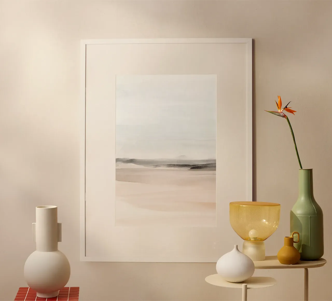 Abstract landscape neutral earth tones 1/2 poster with plastic frame by NouveauPrints