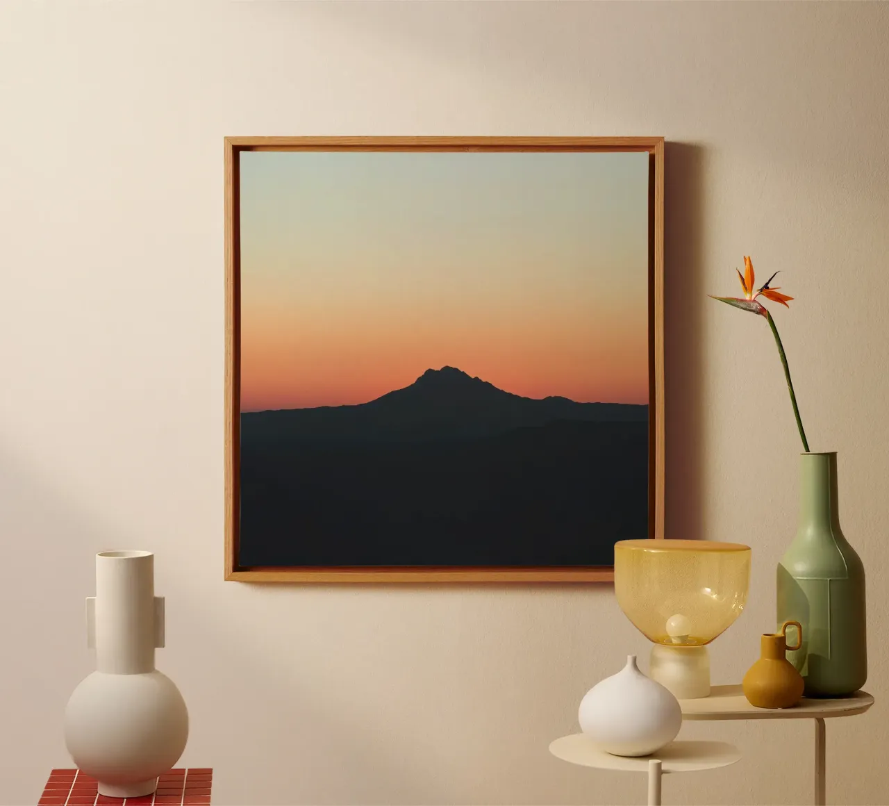 Mountain range silhouette against twilight sky showing tones canvas with Floater frame by DesignDoodle