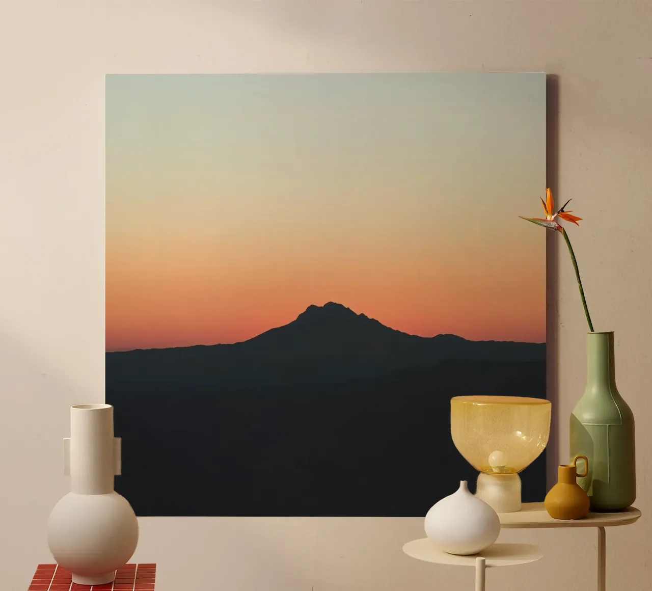 Mountain range silhouette against twilight sky showing tones canvas with Floater frame by DesignDoodle
