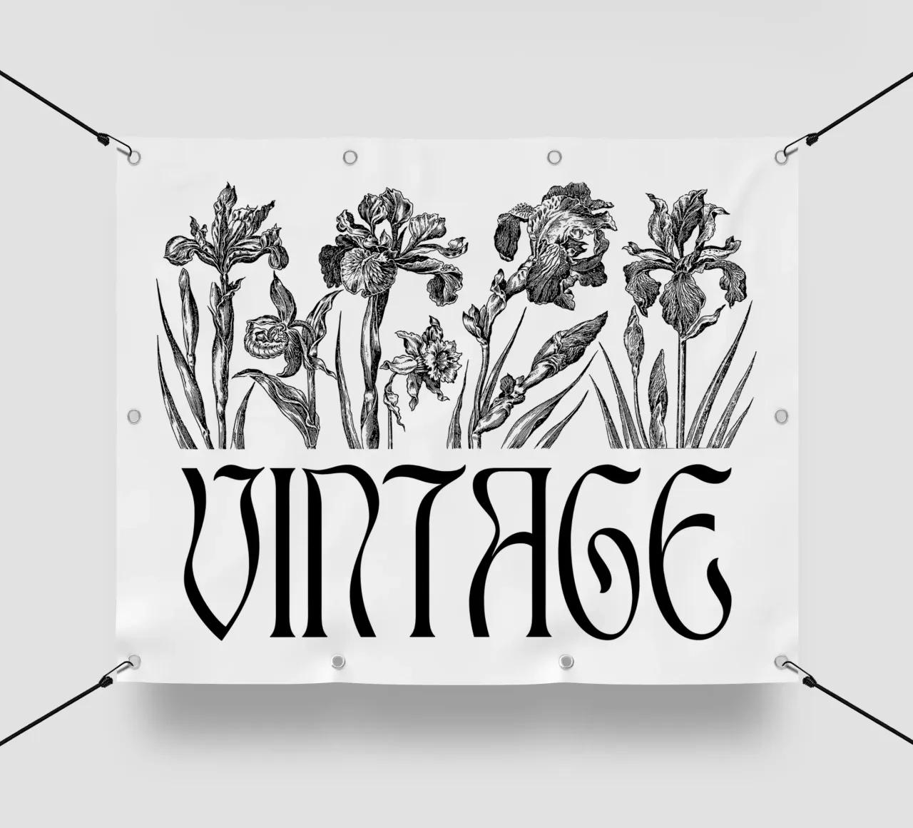Iris in fiore e scritte vintage telo in pvc da morphinaeblue