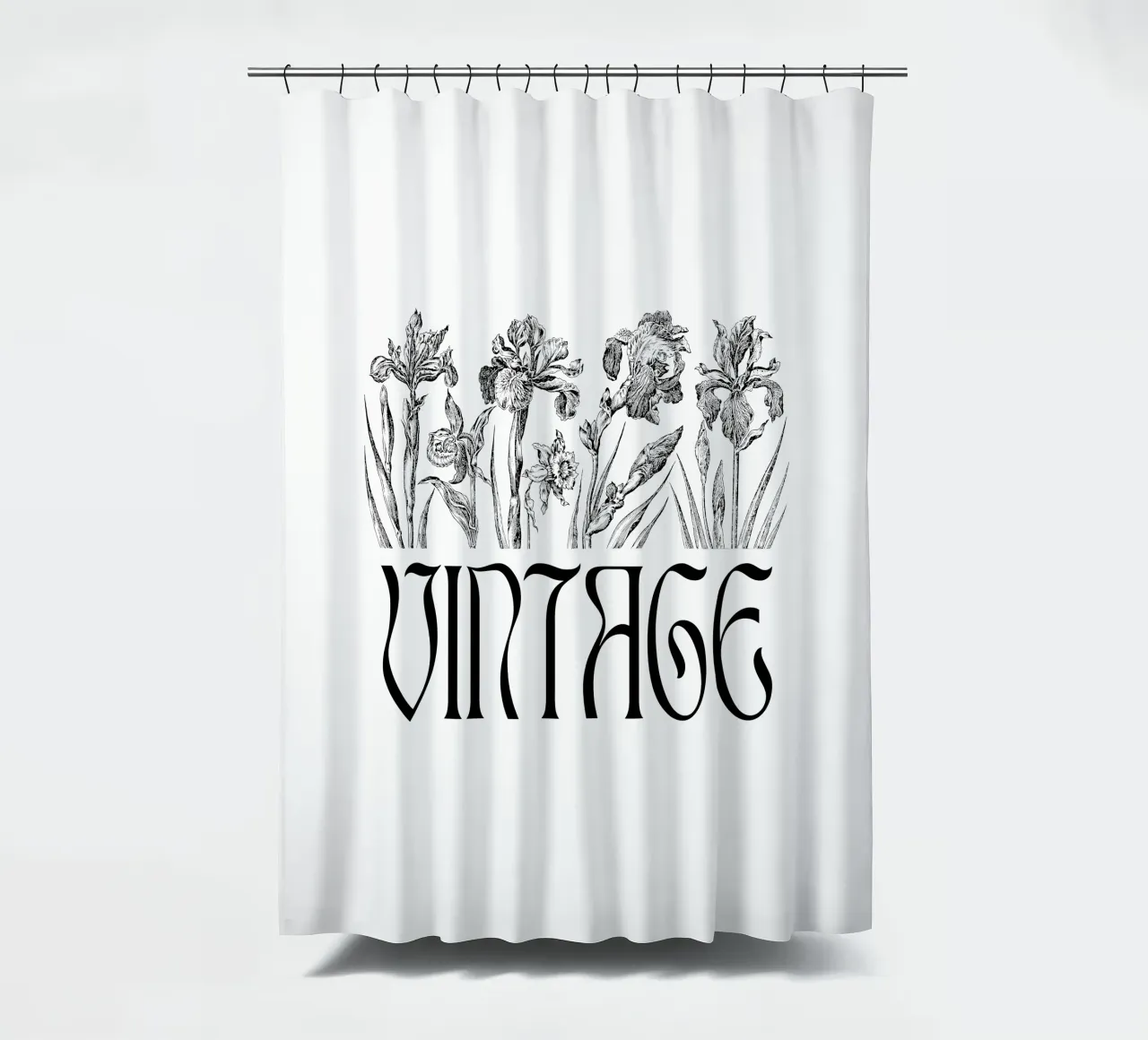 Iris in fiore e scritte vintage tenda da doccia da morphinaeblue