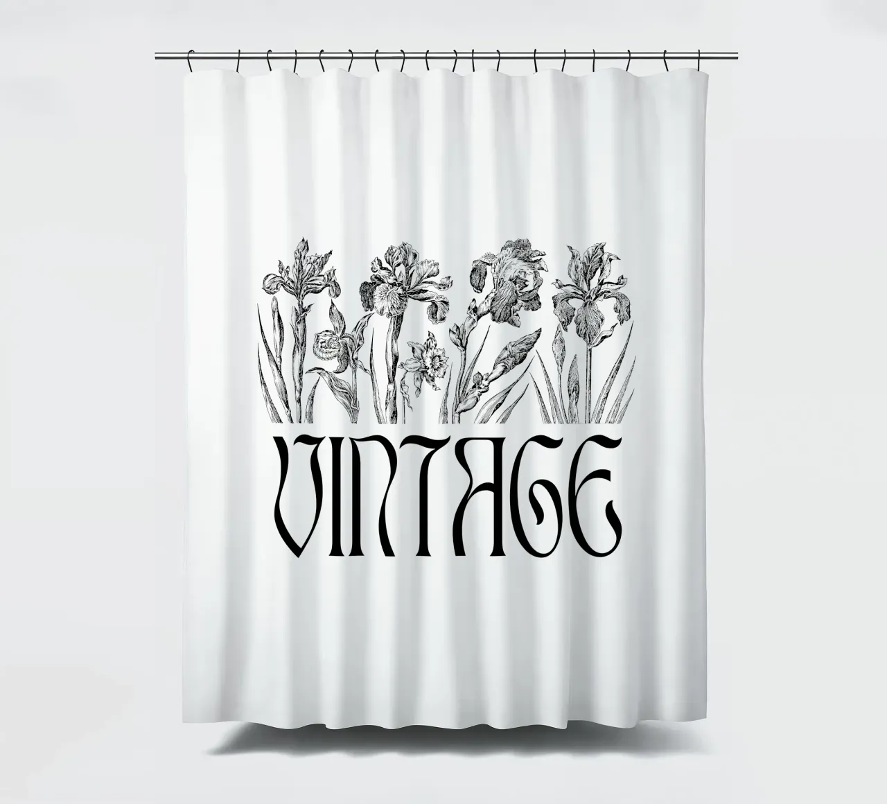Iris in fiore e scritte vintage tenda da doccia da morphinaeblue