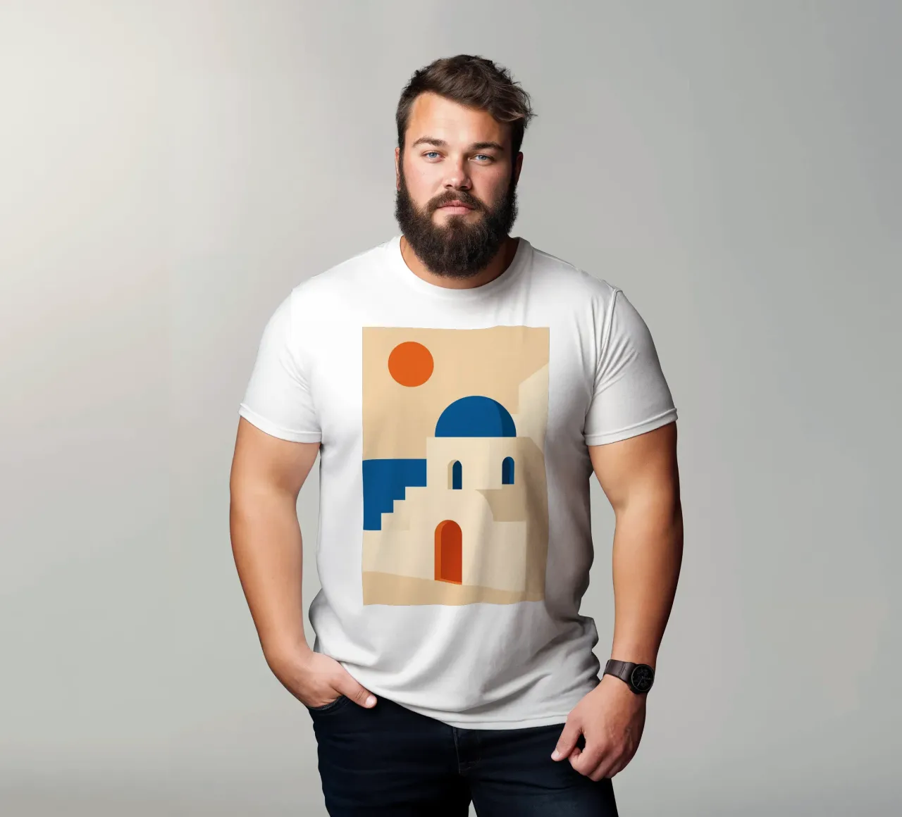 Santorini - Cupole blu e sole greco t-shirt da JETLAG | affiches voyage