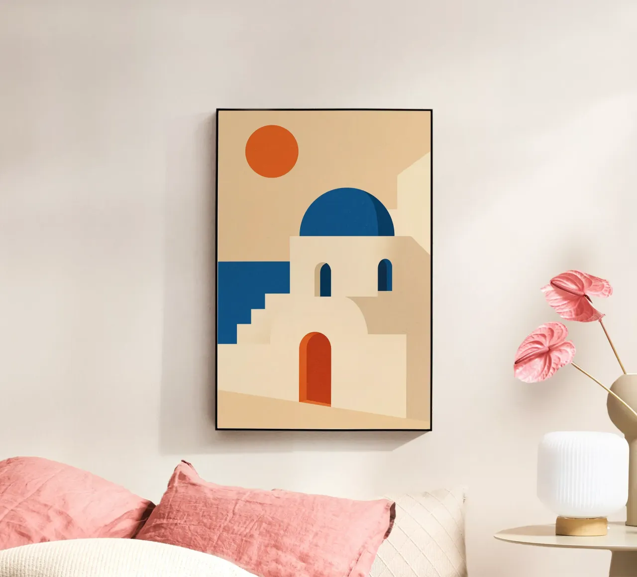 Santorini - Blue domes and the Greek sun acrylic glass by JETLAG | affiches voyage