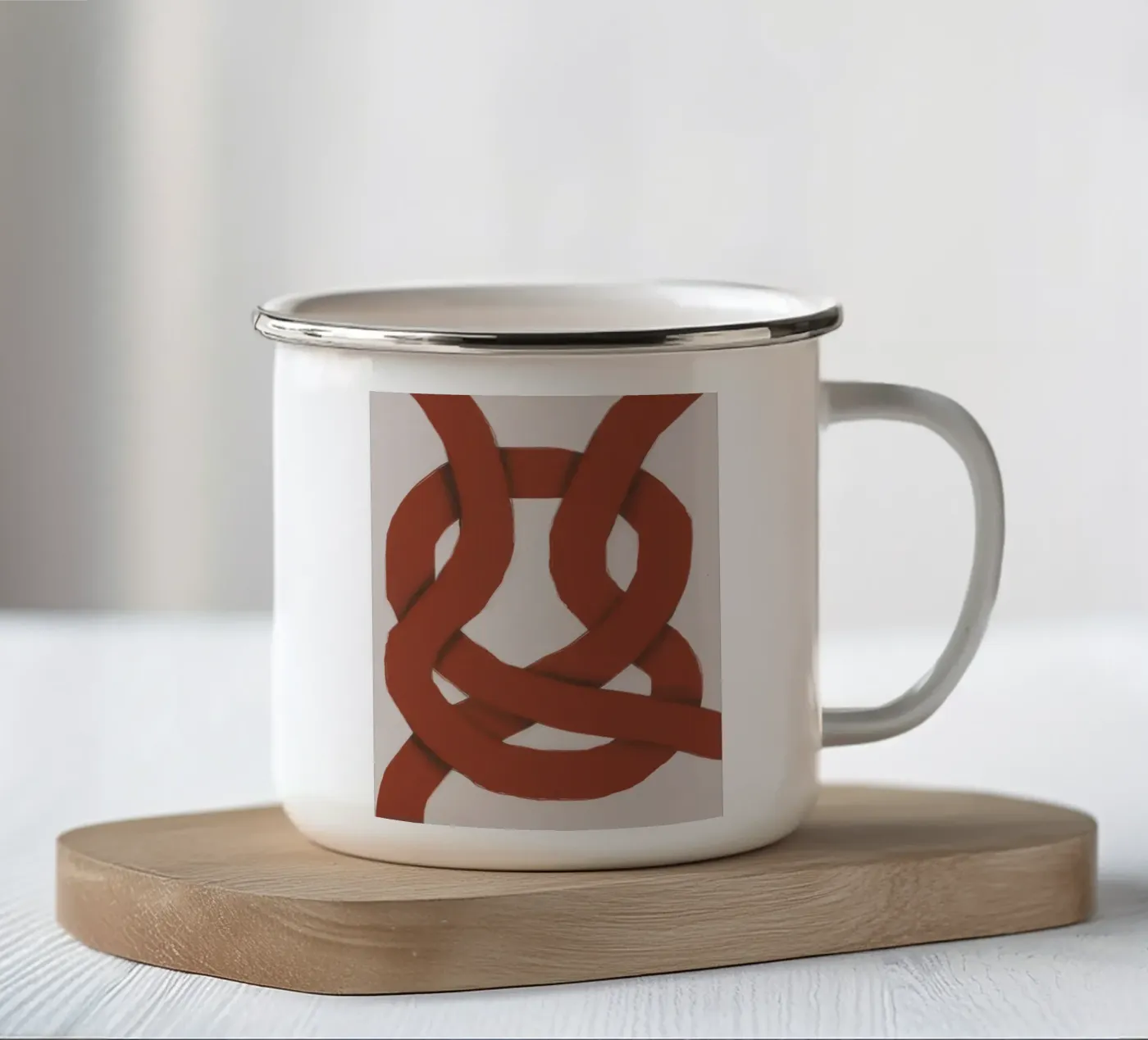 In elkaar grijpend rood emaille mok van Little Dean