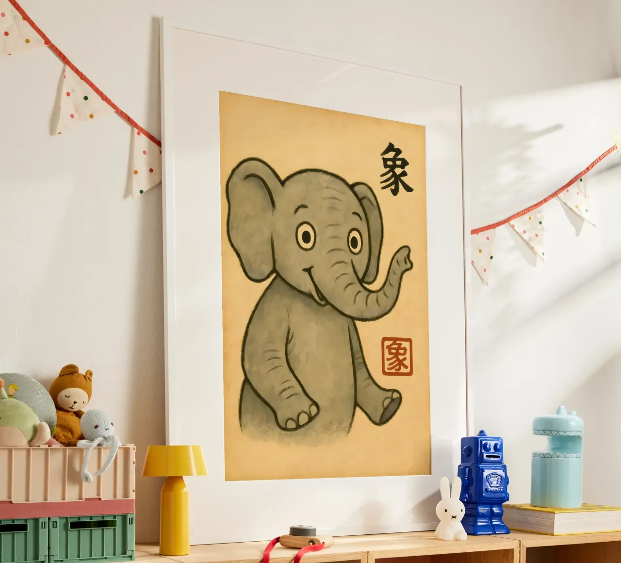 Elefante felice - Simpatico animale da parete in stile giapponese carta hahnemühle da LittleMieschiefs