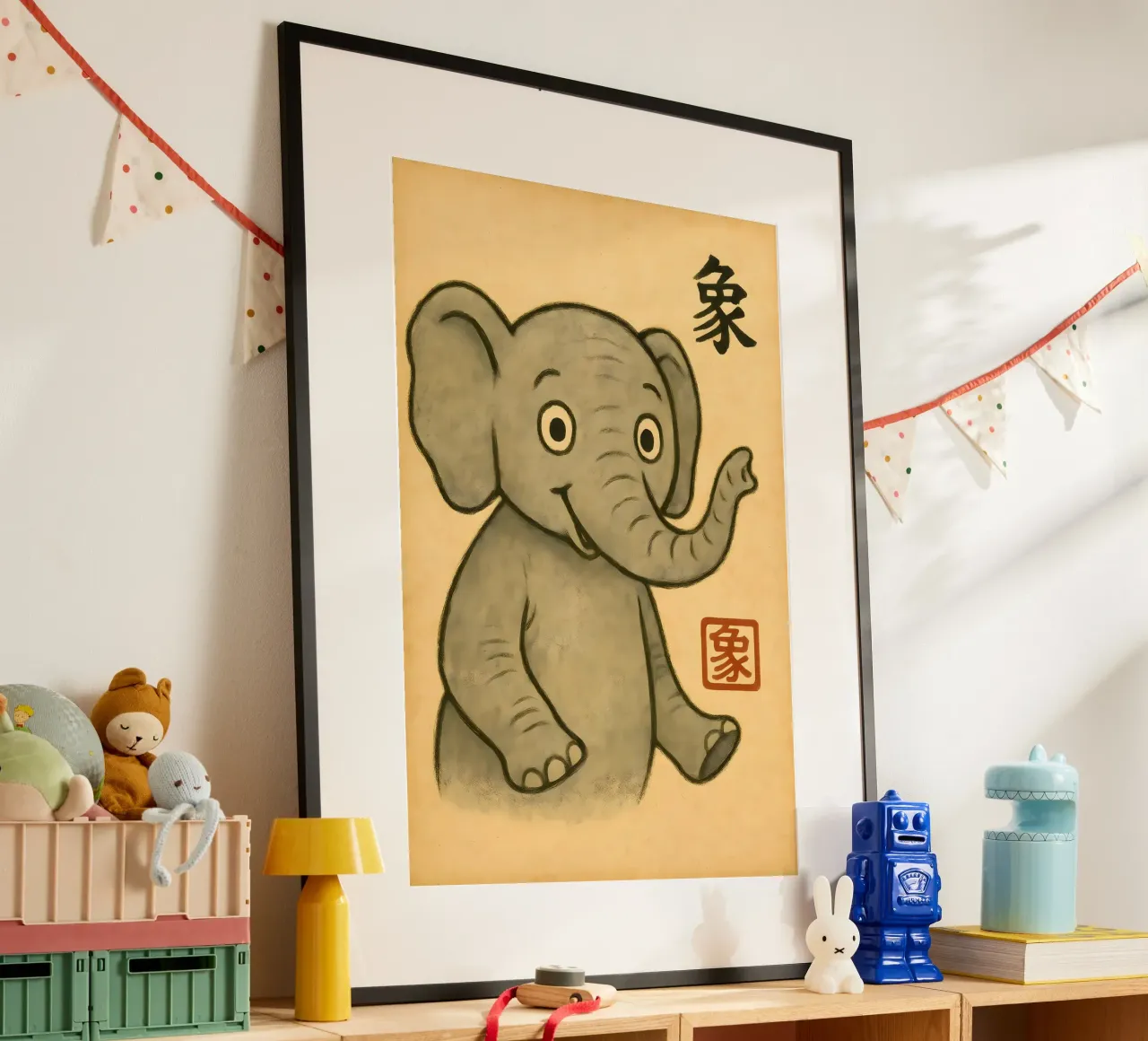 Elefante felice - Simpatico animale da parete in stile giapponese carta hahnemühle da LittleMieschiefs
